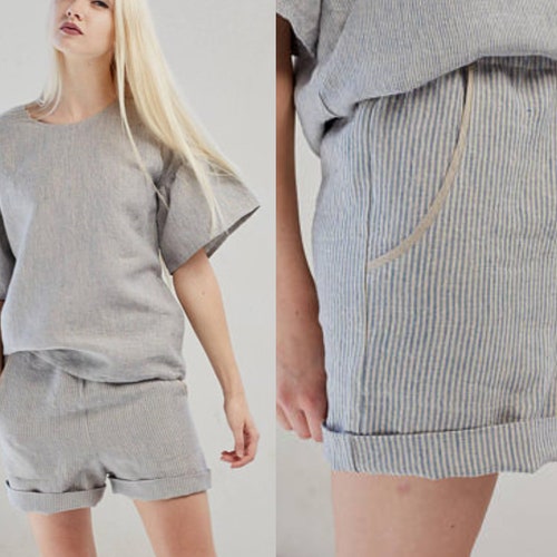 women-s-linen-shorts-striped-summer-shorts-natural-flax-etsy