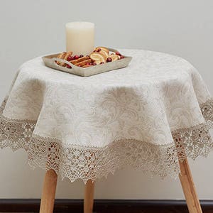 LINEN round TABLECLOTH, Grey tablecloth with trim, Natural linen tablecloth with french lace, Coffee table tablecloth, Small grey tablecloth