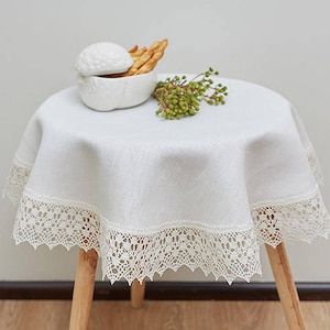 LINEN Christmas TABLECLOTH, Linen round tablecloth, White linen tablecloth with french lace,Dining tablecloth in red, Linen round tablecloth