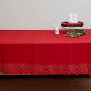 LINEN Christmas TABLECLOTH, Red linen tablecloth with french lace, Linen tablecloth rectangle, Dining linen tablecloth, Red feast tablecloth