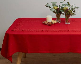 LINEN Christmas TABLECLOTH, Red dining tablecloth, Linen tablecloth rectangle, Dining linen tablecloth, Red feast tablecloth from linen