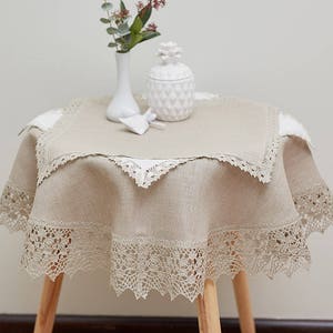 LINEN round TABLECLOTH, Grey tablecloth with trim, Natural linen tablecloth with french lace, Coffee table tablecloth, Small grey tablecloth