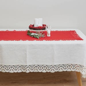 LINEN Christmas TABLECLOTH, White linen tablecloth with french lace, Linen tablecloth rectangle, Dining linen tablecloth, Feast tablecloth