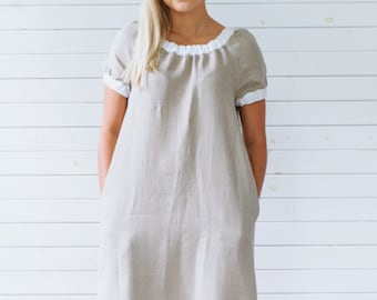 Linen dress, Gray linen tunic, Short sleeve linen summer dress with pockets, Flax summer dress, Gray linen summer dress, Linen dress gray