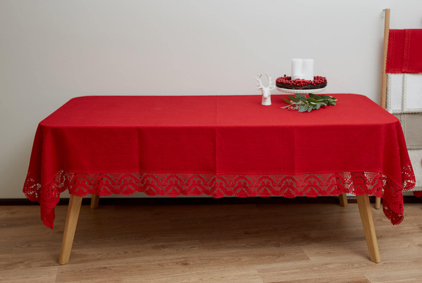 LINEN Christmas TABLECLOTH, Red Linen Tablecloth With French Lace