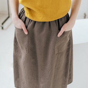 Basic linen skirt, Elastic waist skirt with pockets on front, Soft and comfy linen skirt, Women summer skirt, Brown women skirt