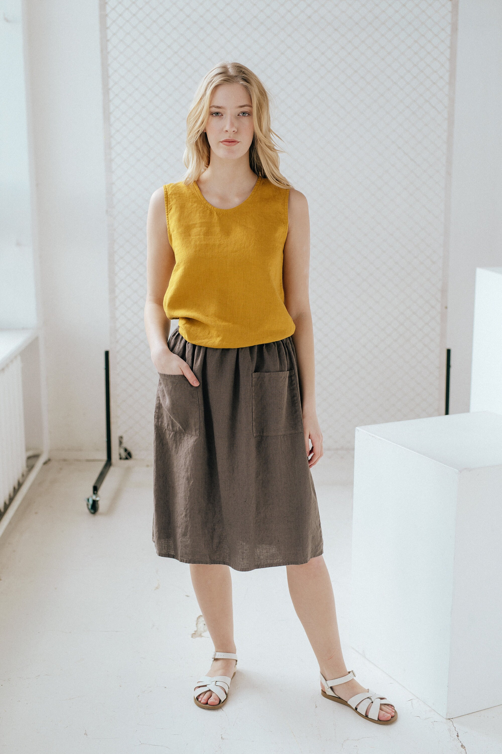 Adjustable Elastic Waist Linen Skirt