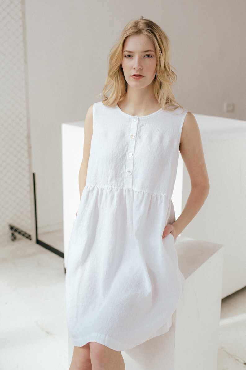 Linen summer dress, Sleeveless maternity dress, Women's smock dress with buttons on front, Washed linen summer dress,Soft summer tunic dress image 1