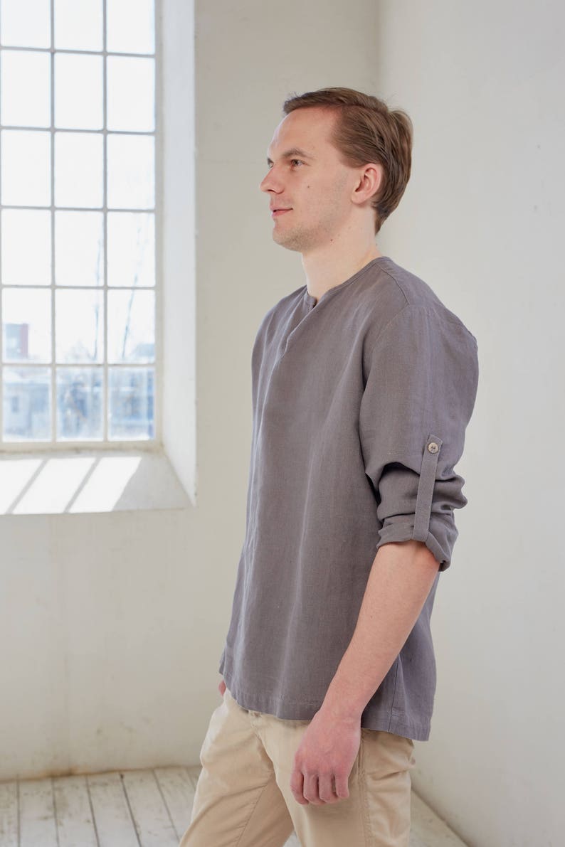 Linen shirt men/'s Long sleeve linen shirt,Roll up sleeve linen shirt Linen men/'s shirt Brown linen shirt Linen summer shirt Linen shirt