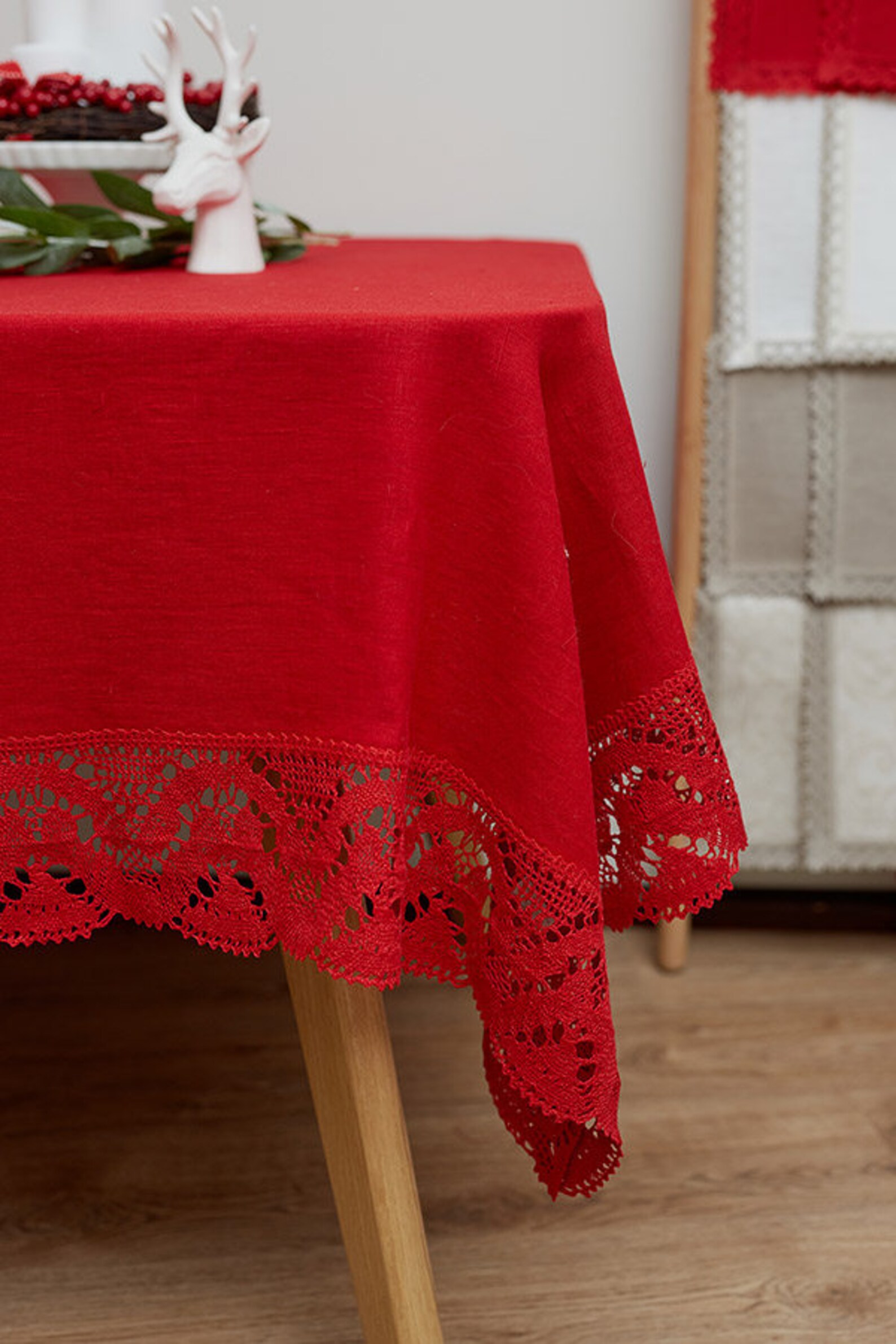 LINEN Christmas TABLECLOTH, Red Linen Tablecloth With French Lace
