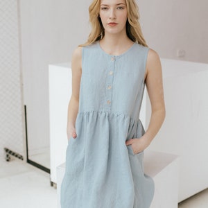 Linen summer dress, Sleeveless maternity dress, Women's smock dress with buttons on front, Washed linen summer dress,Soft summer tunic dress image 7