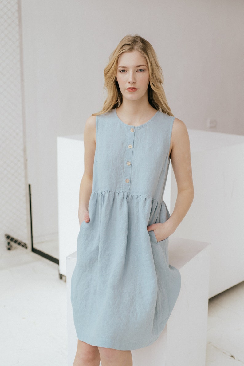 Linen summer dress, Sleeveless maternity dress, Women's smock dress with buttons on front, Washed linen summer dress,Soft summer tunic dress image 7