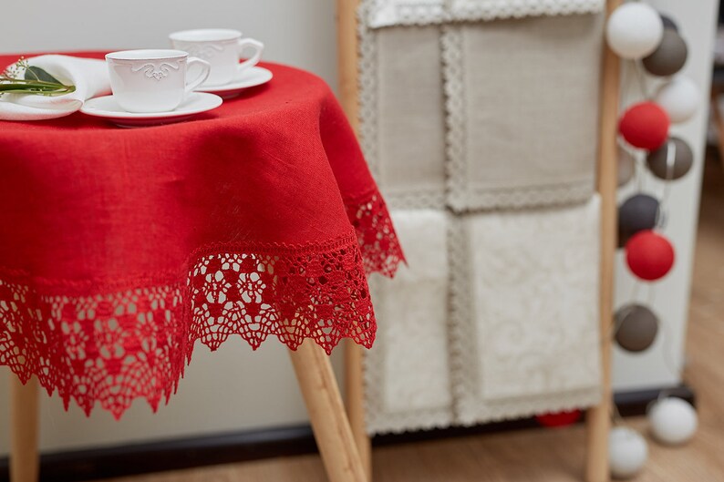 LINEN Round TABLECLOTH Grey Tablecloth With Trim Natural Etsy