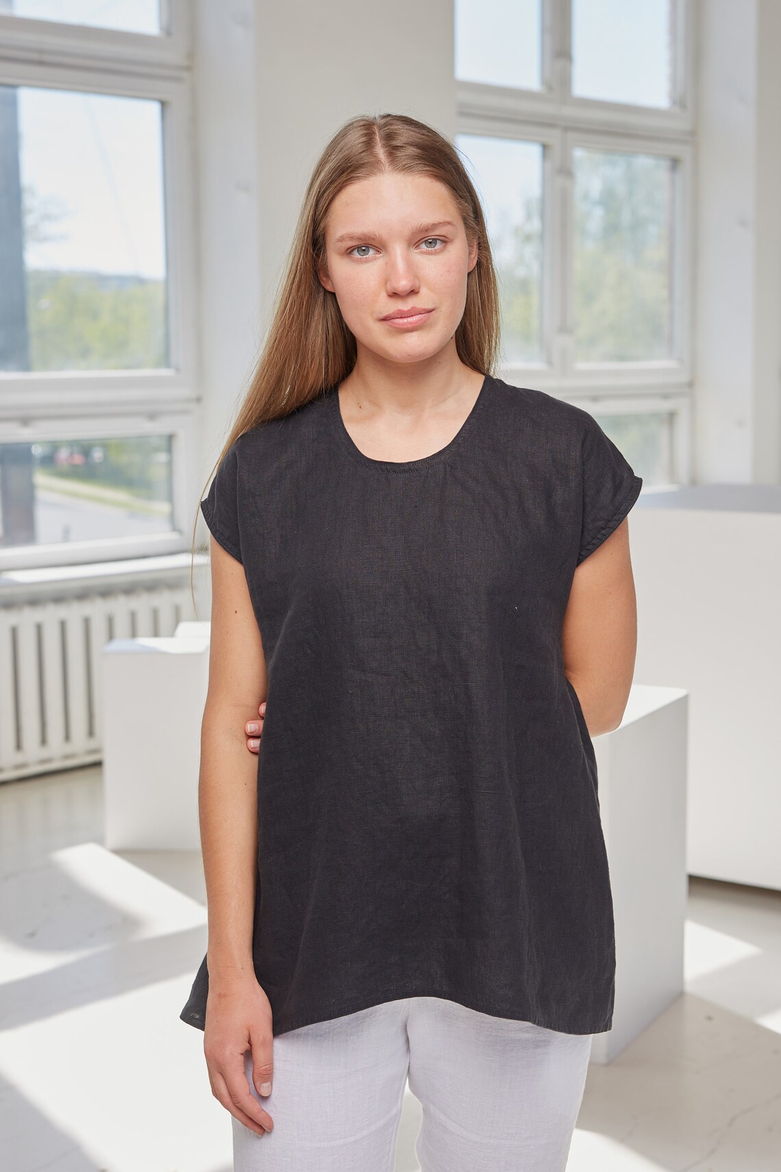 Linen Top, Washed Linen Shirt, Black Linen Summer Tunic, Linen Top for — free download