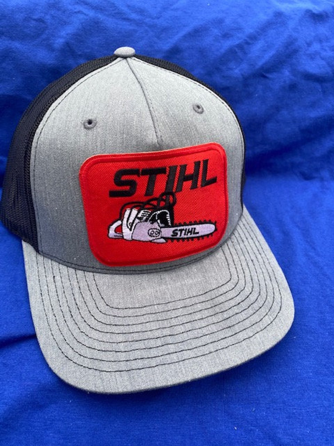 Heather Grey Black Stihl Chainsaw Patch Cap Custom Trucker Hat Etsy