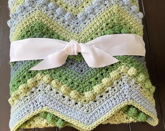 Chunky Stroller Blanket Crocheted in Greens and Blue