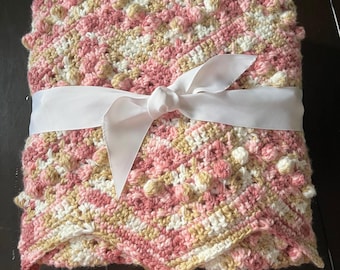 Chunky Stroller Blanket Crocheted in Pink and White