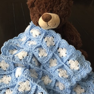 Crocheted Doll Blanket: Blue & White Granny Square, Big Sister Gift