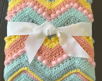 Chunky Stroller Blanket Crocheted in Pink, Blue, Yellow