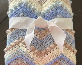 Chunky Stroller Blanket Crocheted in Blue, Tan and White