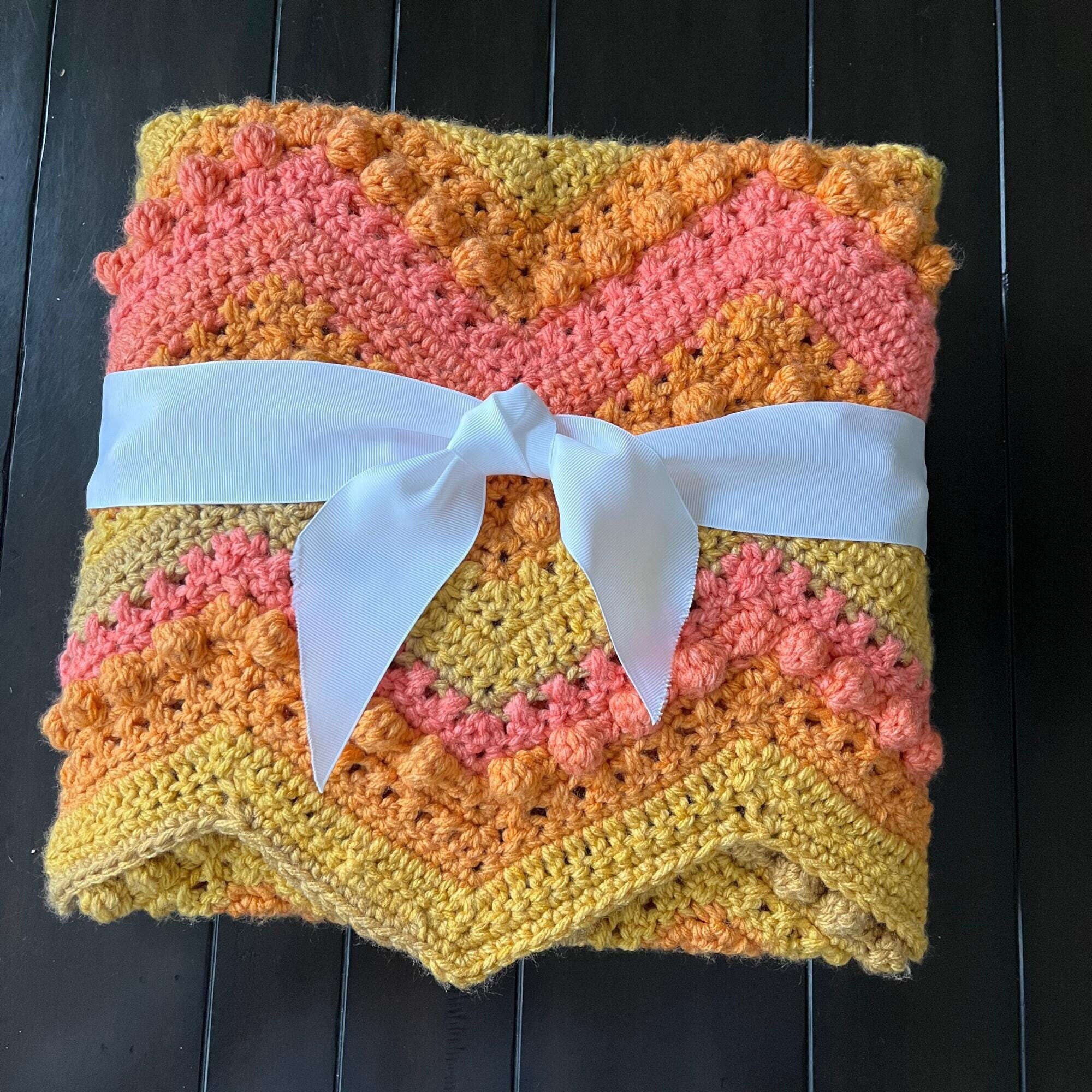 Chunky Crochet Baby Blanket: Orange Pink Fall Colors, Stroller Blanket
