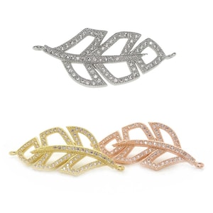 Copper Micro Pave CZ Leaf Sideways Connector,Micro Pave Cubic Zirconia FEATHER connector charm Pendant For Necklace Bracelet DIY,35mmx15mm