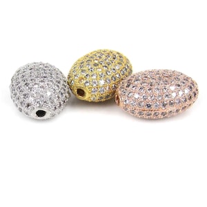 Jewelry Spacer cz Beads, White CZ Cubic Zirconia Pave Micro Setting Flat Oval Shape Metal Beads, DIY Pearl Jewelry Finding,7x10x14mm