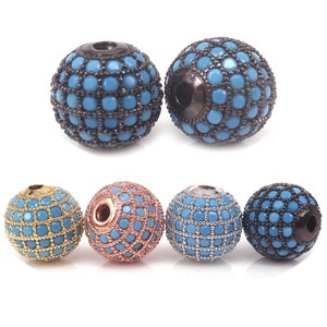 8mm 10mm 12mm Round Pave Beads, Turquoise CZ Pave Ball Bead For Fashion Jewelry Making Loose Metal Beads,4Pcs