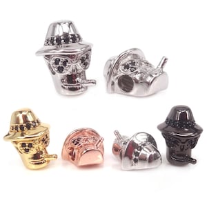 Punk Style Micro Pave Black CZ Skull Head Beads Fit Mens Bracelet Making,Cowboy Charm Beads,Gold Bandit Metal beads,10mm*13mm