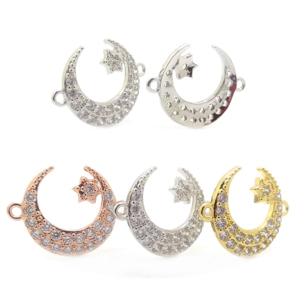 Micro Pave CZ Moon Connector with Star Bracelet Connector,Crescent Moon and Star Connector Charm,Twilight Charm,vampire diaries charm