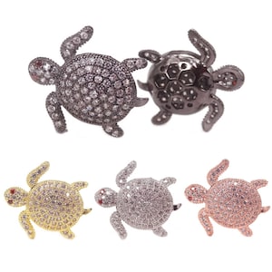 Micro Pave Clear Cubic Zirconia Copper Charm Tortoise Beads,Gold/Silver/Black/Rose Gold Turtle Beads For Lucky Bracelet Making,2PCS