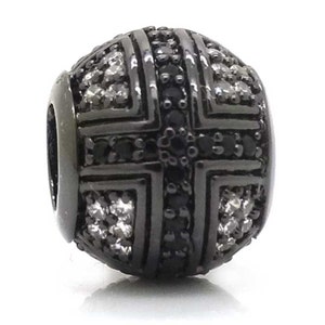 New Black Cross Beads,Silver European Charms Beads,Micro Pave Black CZ Large Hole Metal Beads For Pandora & Chamilia Style Bracelets Making