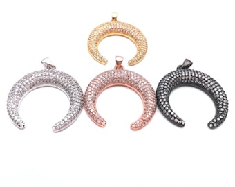 Pingente de lua gótica, pingente de chifres duplos, pingente crescente de jato preto, pingente de lua micro pave cz, pingente de presa, aproximadamente 28mm * 35mm