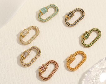 CZ Micro Pave Oval Screw Clasp, Carabiner Lock, Pave Oval Lock, Shiny Gold Oval Screw Clasps Findings, Micro Pave Opening Clasp Charms Gift
