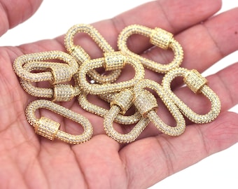 Oval Carabiner Screw Clasp, CZ Micro Pave Clasp Pendant Enhancer, Large Gold Filled Interlocking Oval Shape Clasp for Jewelry Making
