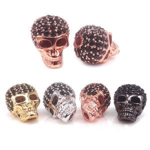Micro Pave Black CZ skull beads,Pick a color - gunmetal, silver,gold,rose gold or mixed color- plated base metal skull beads,8*9*10mm,2Pcs