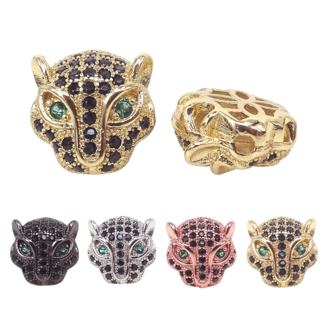 Black CZ Leopard Head Beads, Gold Leopard Bead, Micro Pave Green CZ Eye