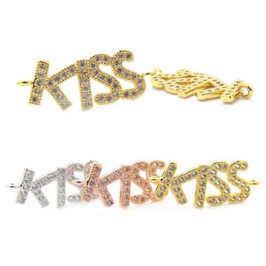 Encanto 18K oro beso carta colgante Circonita Pave Micro beso conector granos aptos para joyería de pulseras de amor haciendo 10 mm * 24 mm 2Pcs