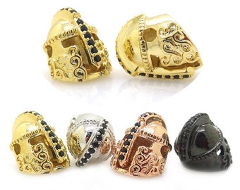 New Fashion Roman Warrior Helmet Beads,Micro Pave Black CZ Spartans Helmet Bead DIY Mens Bracelet Warrior Jewelry Spacer beads 2pcs, 13*14mm