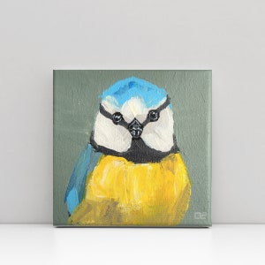 Mini Bird Painting on Canvas, Original Painting, Small Painting, Floral Art, Acrylic Painting Grey Modern Wall Art Home Decor Mini Gifts