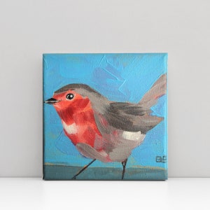 Mini Bird Painting on Canvas, Original Painting, Small Painting, Floral Art, Acrylic Painting Blue Modern Wall Art Home Decor Mini Gifts