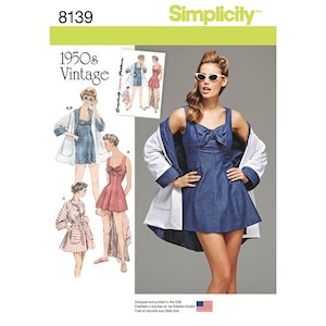 May include: Simplicity sewing pattern number 8139 for a 1950s vintage swimsuit with a bow detail. The pattern includes a dress, a robe, and a swimsuit.