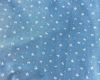 Vintage Letters on Chambray Blue, By the HALF Yard, Cotton Fabric