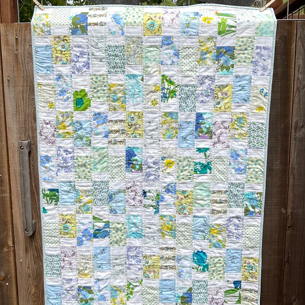 Handmade Lap  Baby Crib Throw Quilt, Vintage Floral Patchwork Quilt