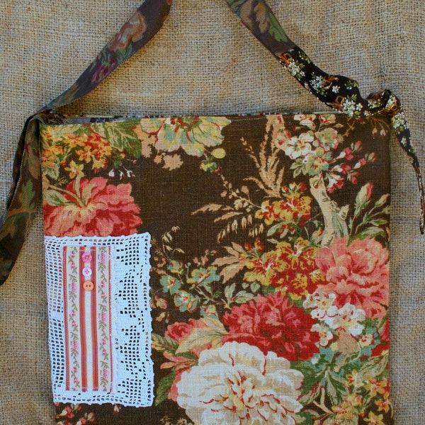Chocolate Brown Floral English Country Linen Farmers Market Tote Bag