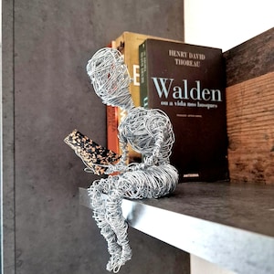 Peut inclure: Une sculpture en fil d'argent représentant une personne lisant un livre, assise sur une étagère. La figurine est faite de fil de couleur argent, avec un livre dans les mains. Des livres sont visibles en arrière-plan, dont un intitulé "Walden".
