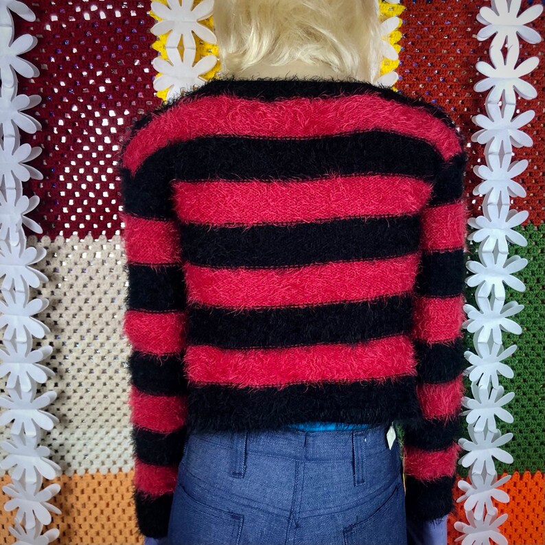 Fuzzy Striped Y2K Crop Top Long Sleeved in Red and Black / Y2K Etsy
