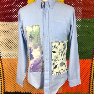 Upcycled Asymmetric Patchwork Button Down Shirt / Reworked Oxford Shirt With Hand-Dyed Patch