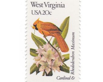 1982 20c West Virginia - Cardinal and Rhododendron - Unused Vintage Postage Stamp - Item No. 2000