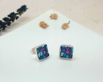 Handmade blue, green, white, turquoise polymer clay stud square earrings, Inspired by Gaudi and Catalan modern style, nickel free